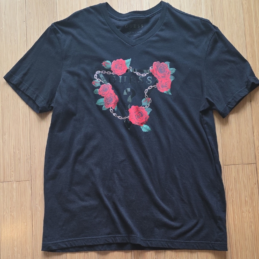 GUESS Black Tee with Red Rose Graphic